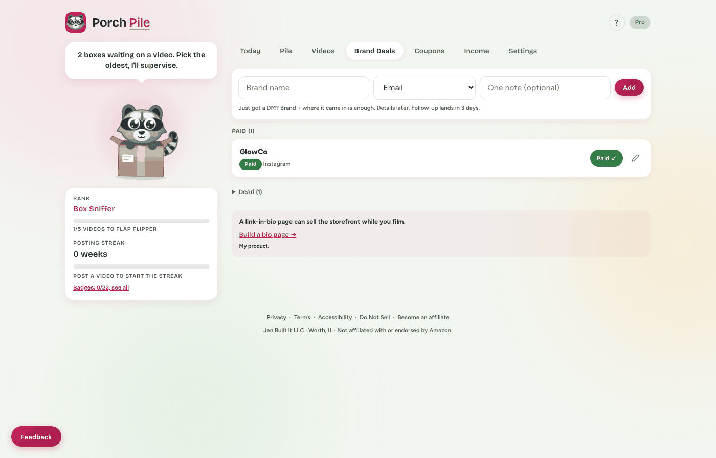 The Brand Deals tab with a quick-add bar at the top and deals grouped by stage
