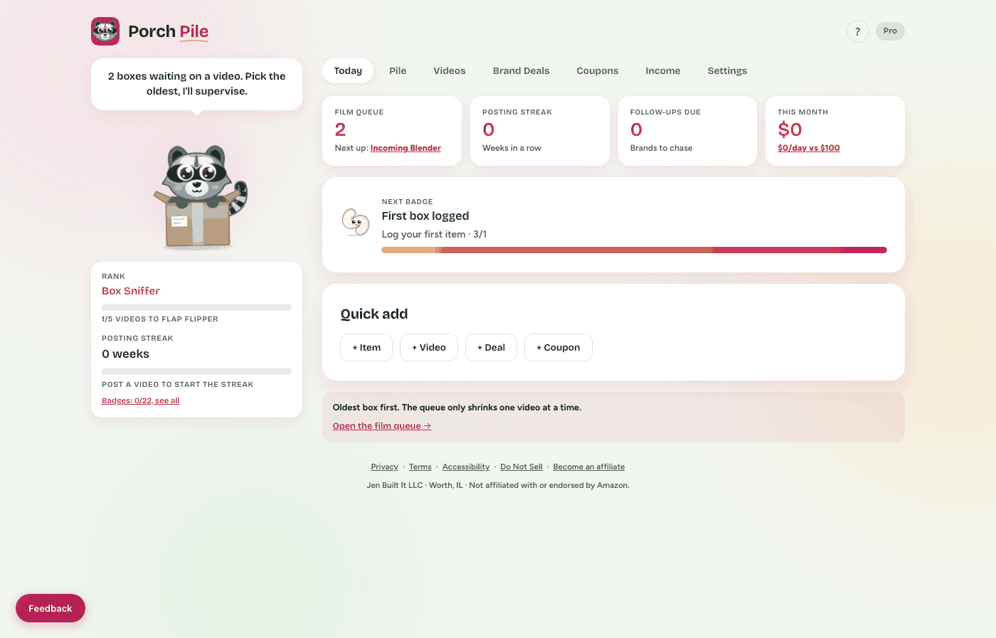 The Today tab showing the film queue count, posting streak, follow-ups due, and monthly pace tiles